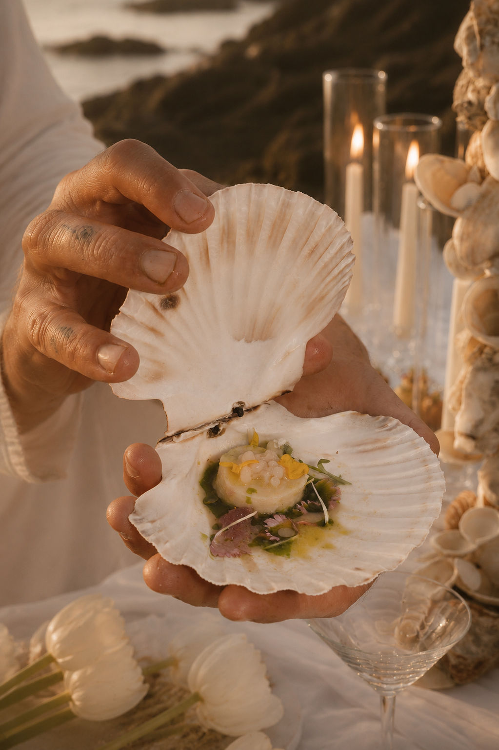 Ouverture d'une coquille Saint-Jacques dressée par le chef privé