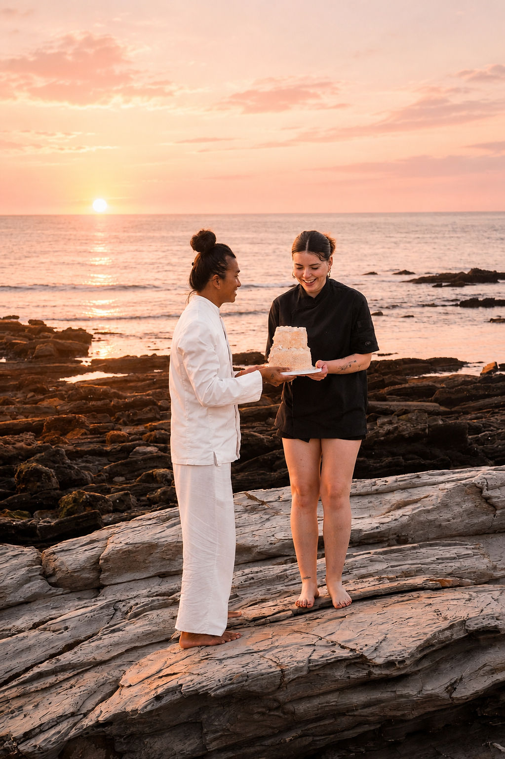 Le chef privé partage un moment complice avec la mariée au coucher du soleil
